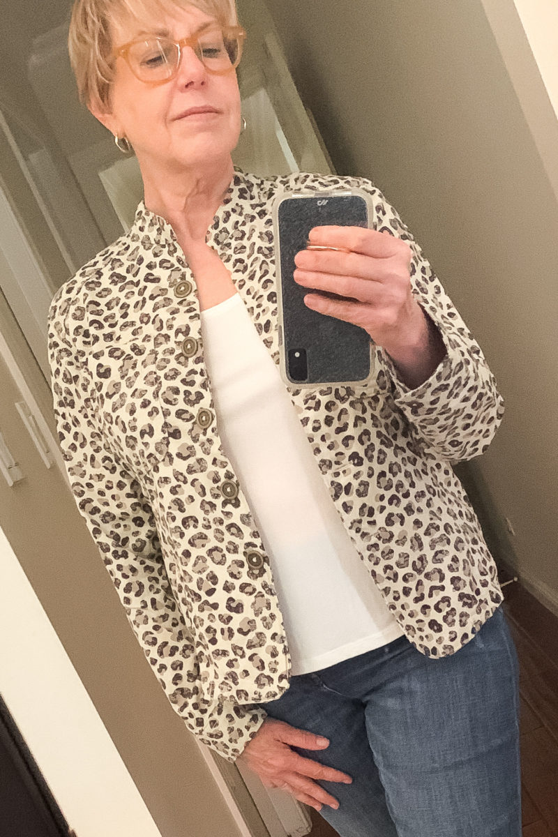 Caslon cotton jacket in leopard print from Nordstrom Anniversary Sale. Details at une femme d'un certain age.