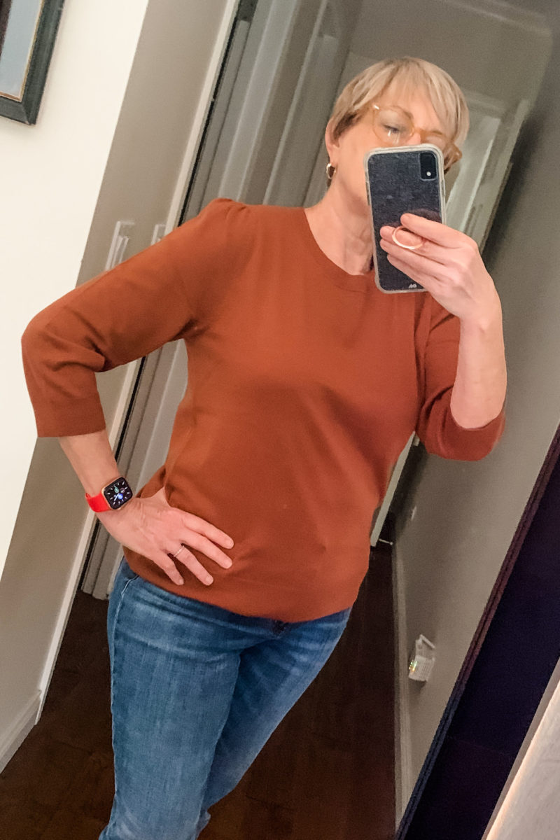 Halogen crewneck sweater in rust sequoia from Nordstrom Anniversary Sale. Details at une femme d'un certain age.
