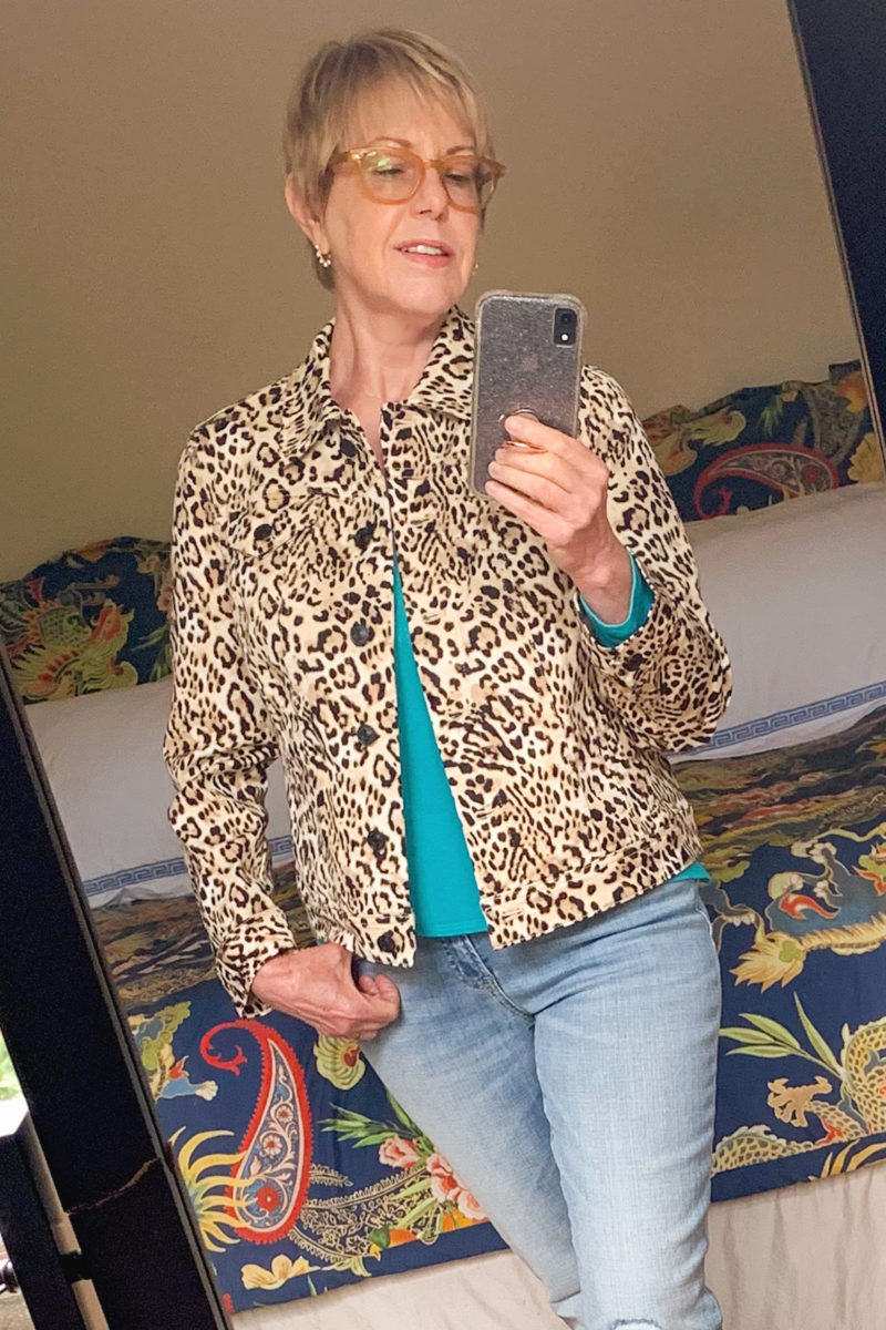 Susan B. wears a Chico's leopard print denim jacket. Details at une femme d'un certain age.