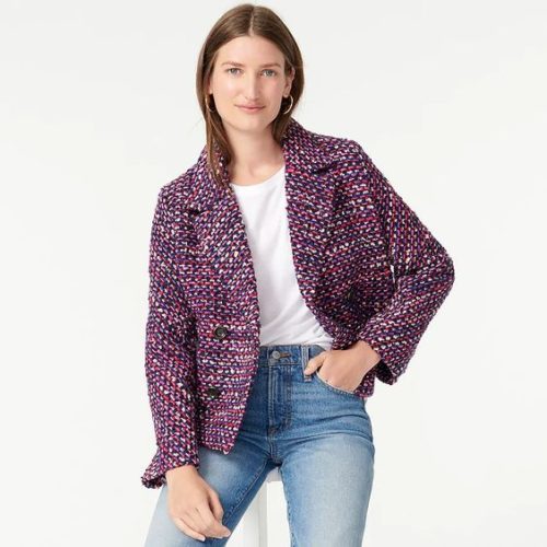 J.Crew tweed jacket in Berry Fuchsia. Details at une femme d'un certain age.