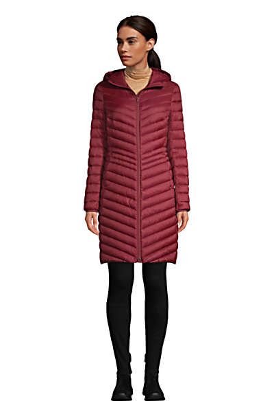 Lands' End packable down coat in Burgundy. Details at une femme d'un certain age.