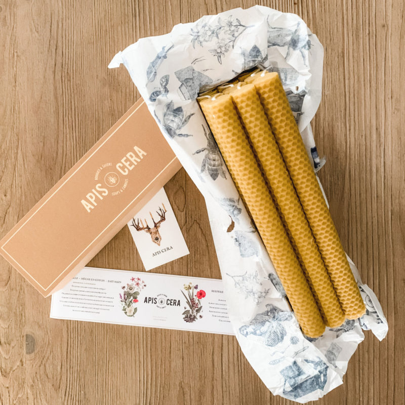 Rolled beeswax candles from Apis Cera in France. Details at une femme d'un certain age.