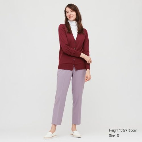 Uniqlo extra fine merino cardigan in Burgundy. Details at une femme d'un certain age.