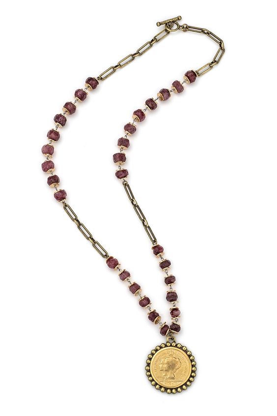 French Kande long necklace with Raspberry quartz stones, Monaco medallion. Details at une femme d'un certain age