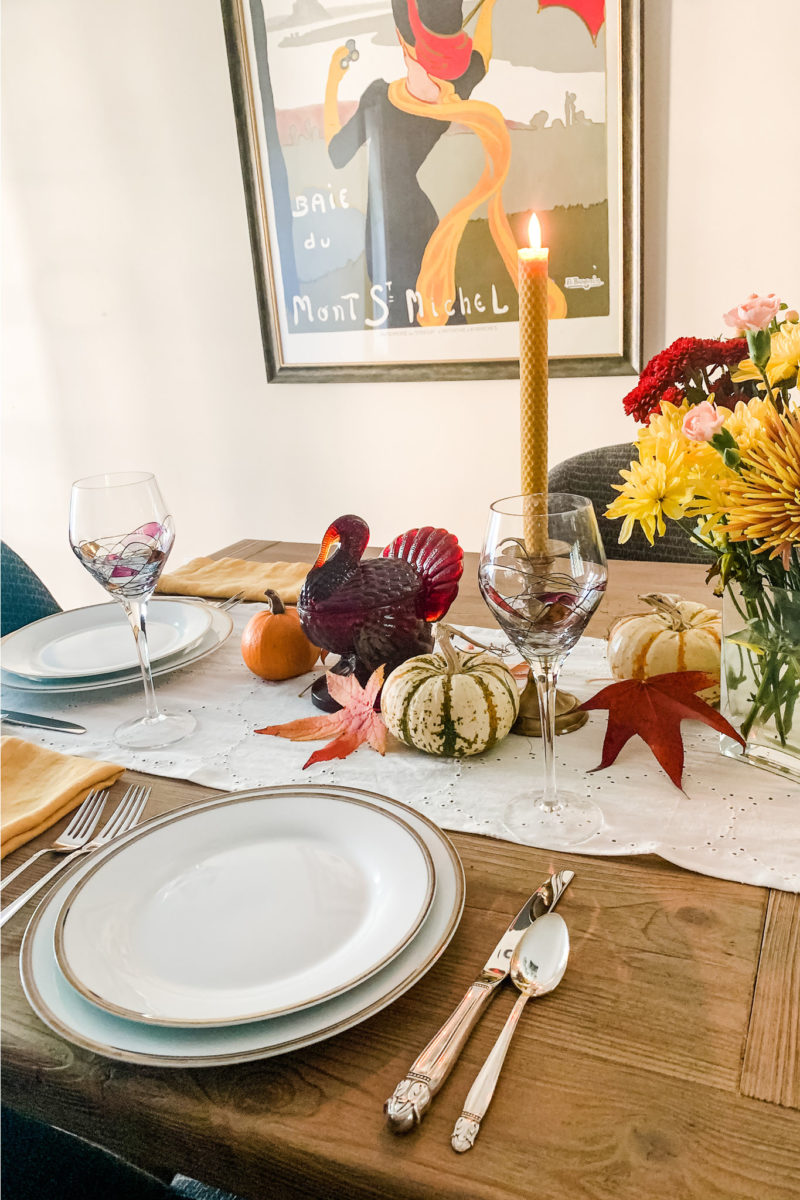 Table for two with Thanksgiving decorations. Details at une femme d'un certain age.