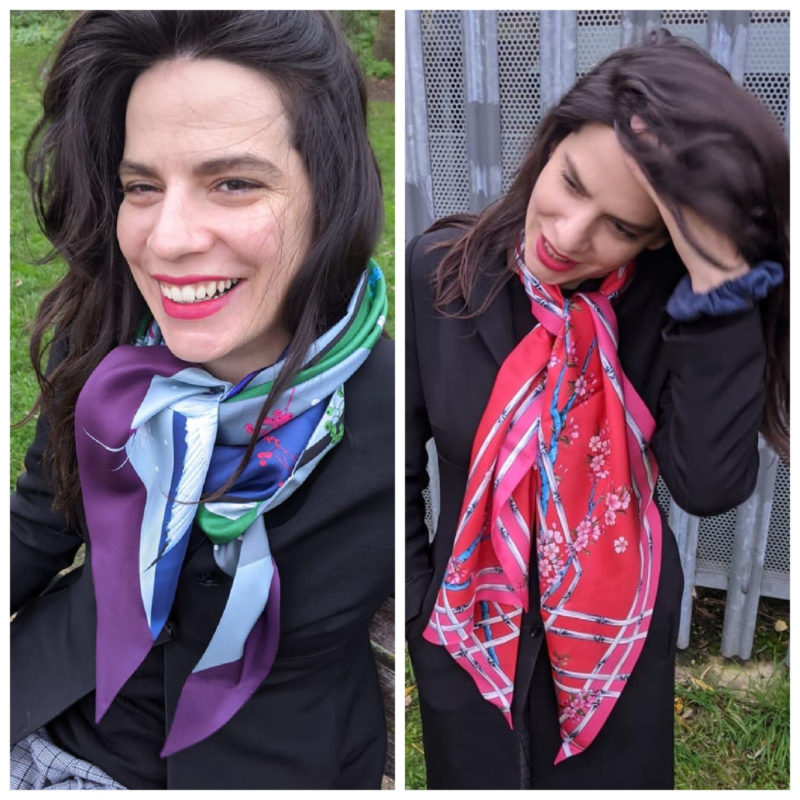 Castanohel Hurricane and Chinoiserie scarves in cool shades. How to tie long silk scarves. Details at une femme d'un certain age.
