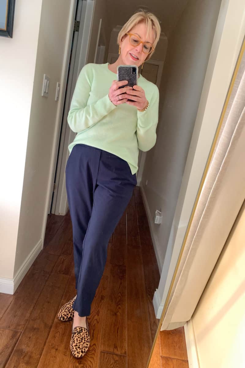 Susan B. wears an at-home outfit with J.Crew cashmere sweater, Athleta Brooklyn pants and leopard loafers. Details at une femme d'un certain age.