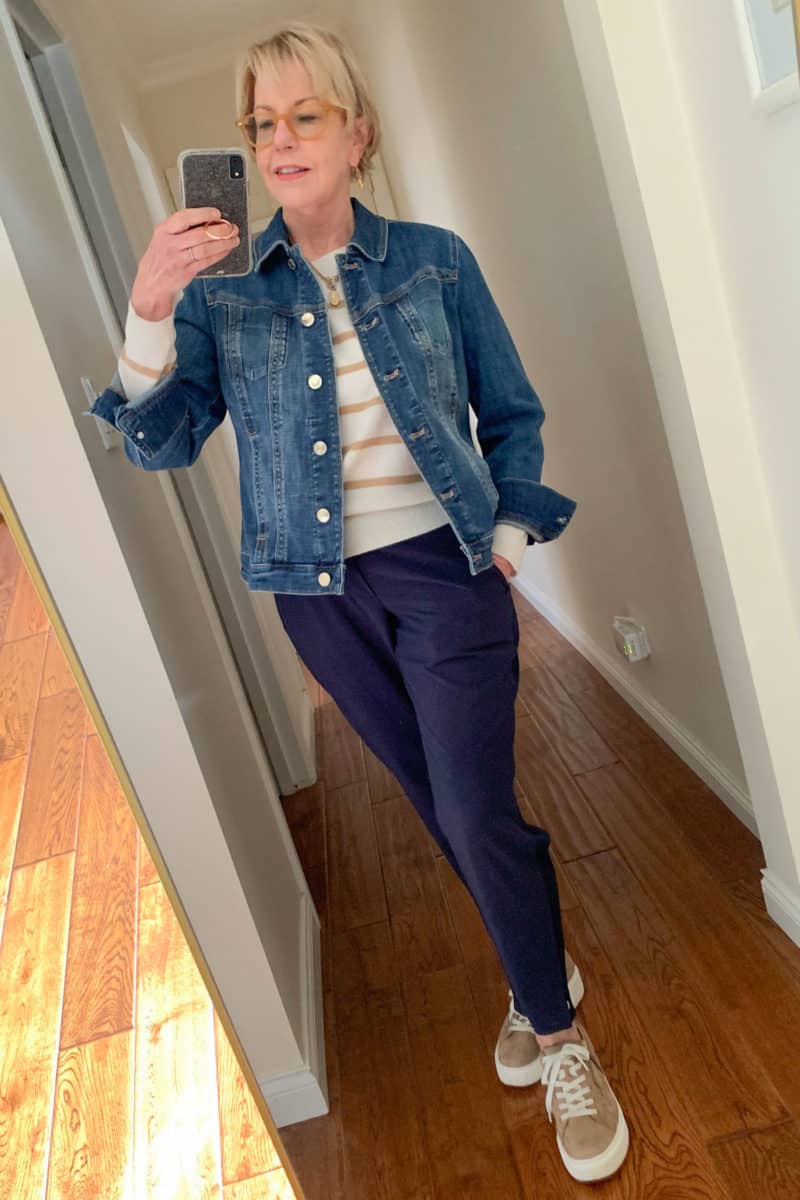 A sporty casual look with a denim jacket, Vince striped sweater, Athleta pants, French Kande jewelry and Paul Green sneakers. Details at une femme d'un certain age.