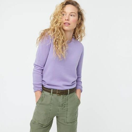 J.Crew cashmere crewneck sweater lilac purple. Details and more colorful sweaters for women at une femme d'un certain age.