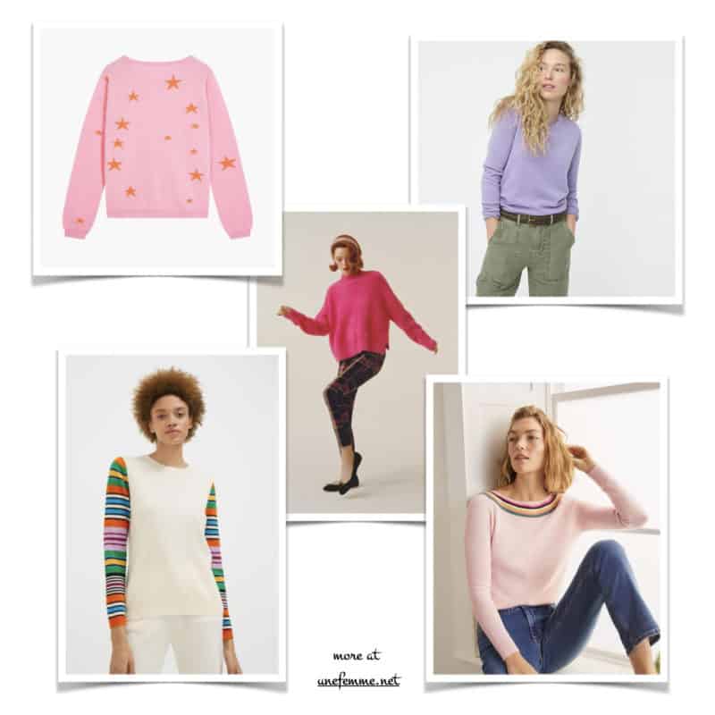 Colorful sweaters to wear now and later. Details at une femme d'un certain age