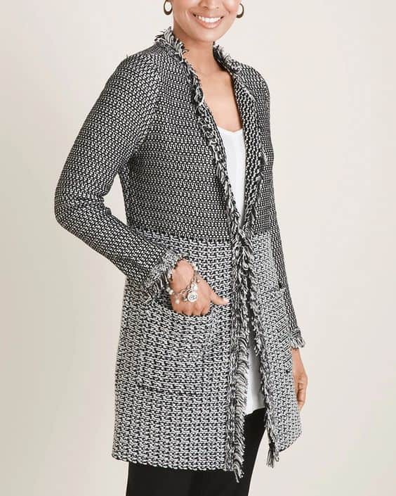 Chico's cotton blend long cardigan in black and white tweed.