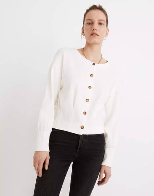 Madewell cotton cardigan in ivory with pleated waist detail.