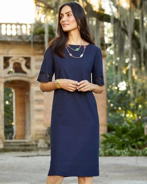 Chico's linen blend sheath dress with cutout sleeve details.