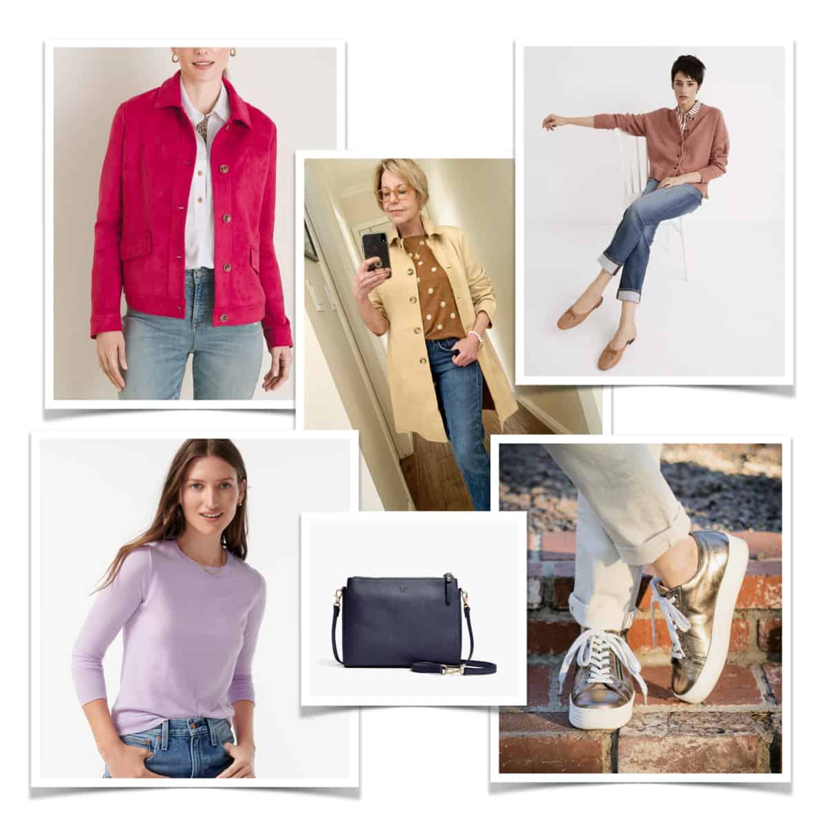 Women's clothing on sale: faux suede jackets, sweaters, crossbody bag, sneakers.