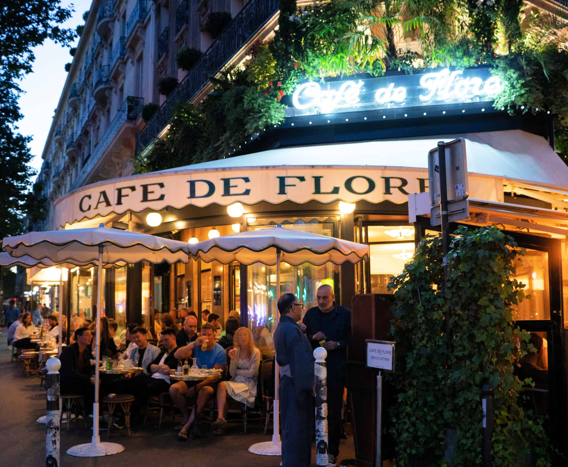 A summer evening outside Cafe de Flore in Paris.