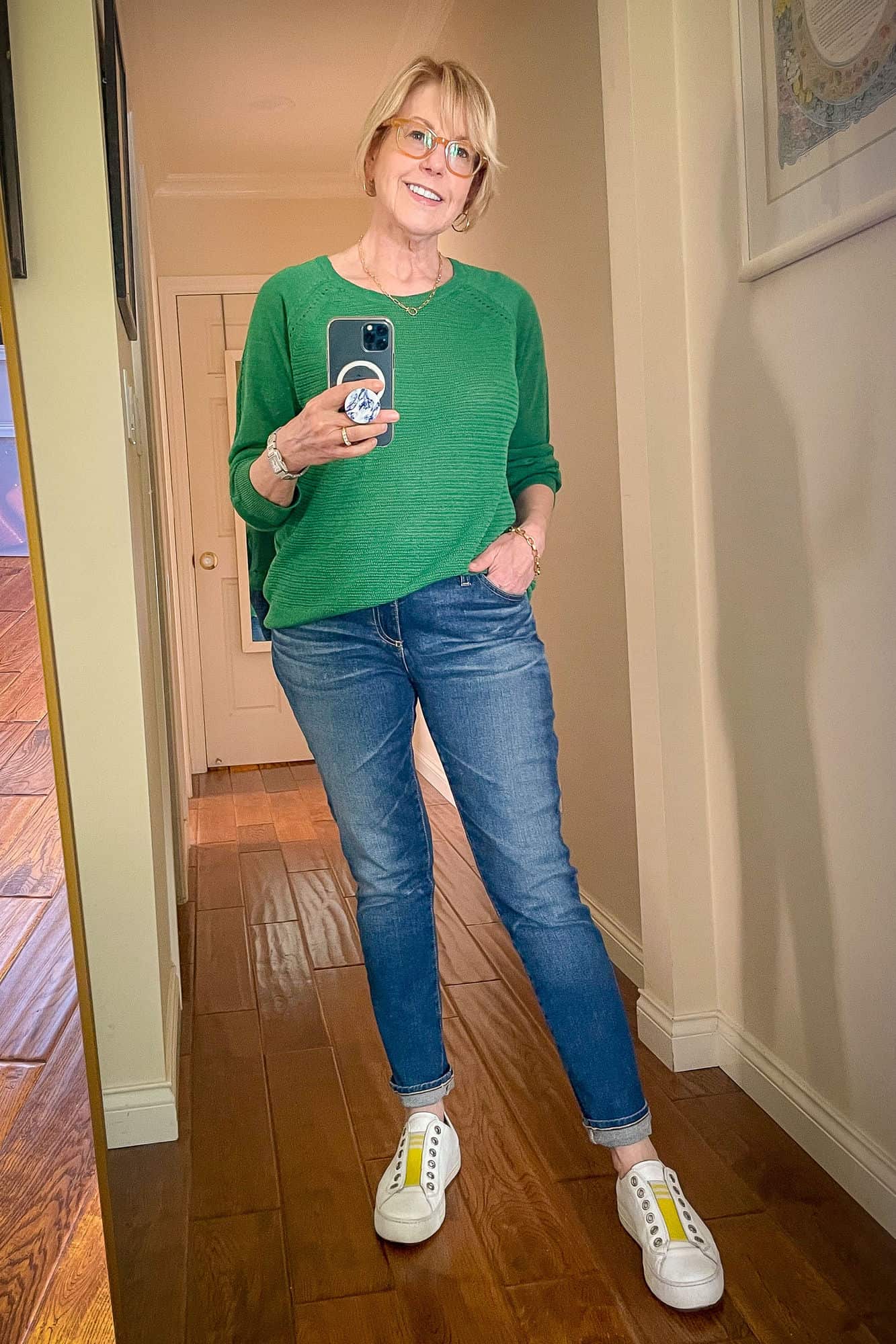 Green sweater blue clearance jeans