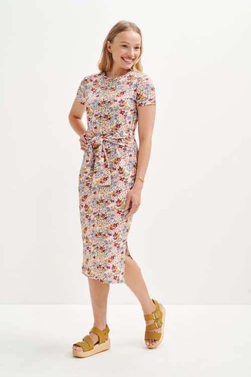 Amour Vert knit floral dress with front tie.