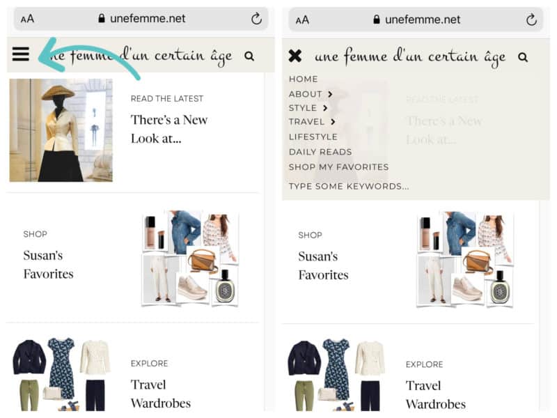 How to use the menu on unefemme.net mobile home page.