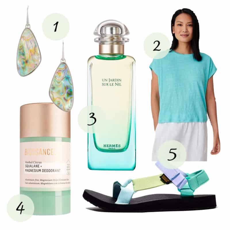 Inspired by the colors of the ocean. Abalone earrings, a linen top, Hermes un jardin sur le Nil fragrance, Biossance natural deodorant, Teva colorblock sandals.