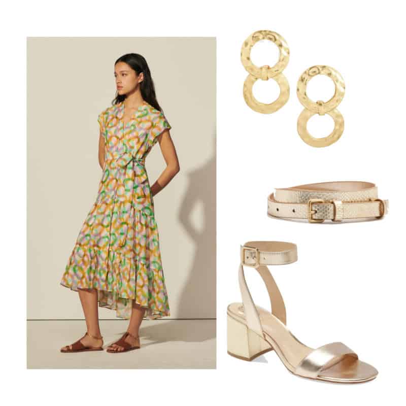 Wedding guest outfit idea: midi dress with gold accessories.