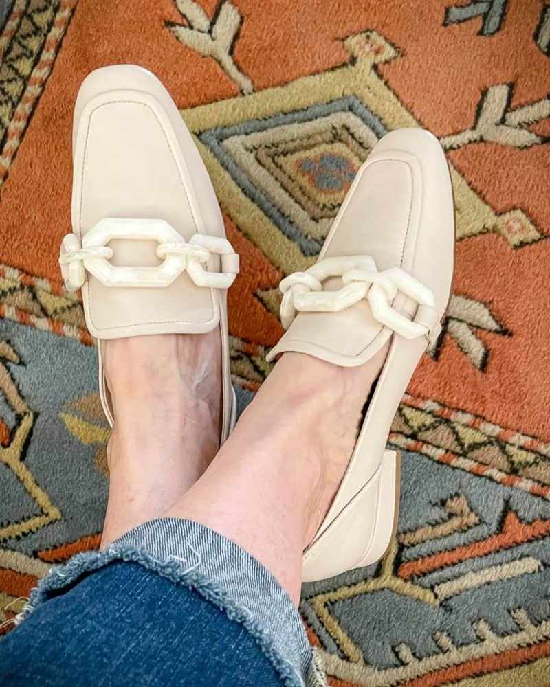 Detail: Susan wears off-white (Sandalwood) Louise et cie loafers with chunky link detail from the Nordstrom Anniversary Sale.