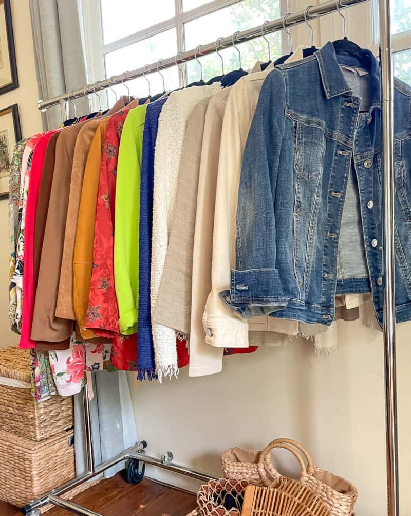 After the wardrobe detox: Susan's jackets hanging on a rolling rack.