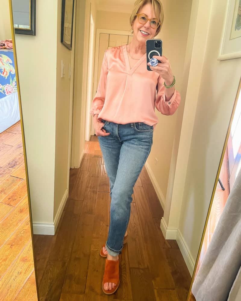 Susan B. wears a Vince Camuto top, rag & bone dre jeans, Sofft sandals from the Nordstrom Anniversary Sale.