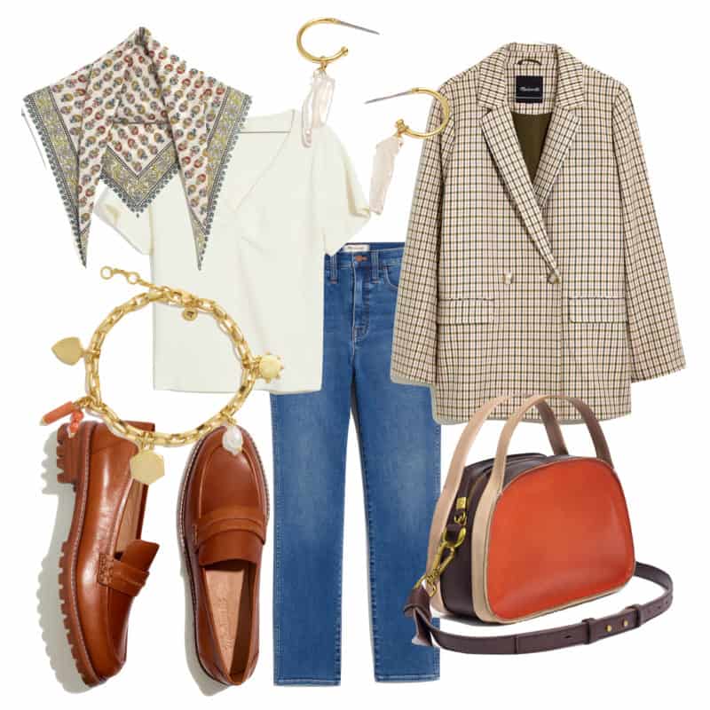 Pre-fall pieces from Madewell: plaid blazer, charm bracelet, pearl earrings, lug-sole loafers, color-blocked bag.