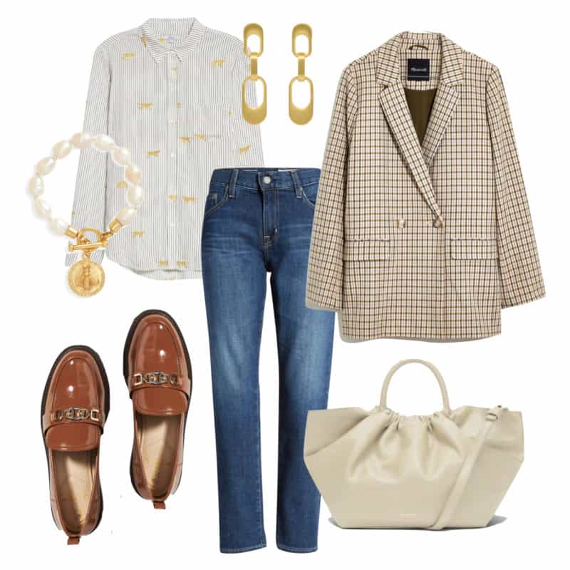Casual denim look for fall with blazer and patent leather loafers.