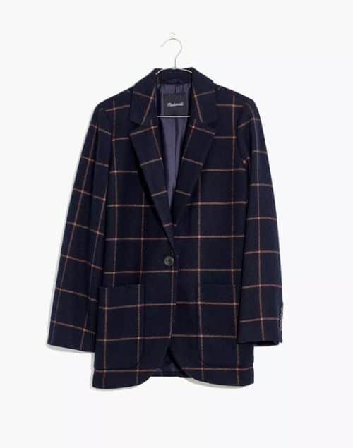 Madewell windowpane blazer on hanger.