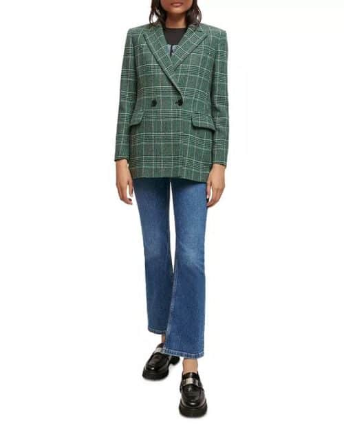 Maje Vislanda plaid blazer in green, styled with jeans and loafers.