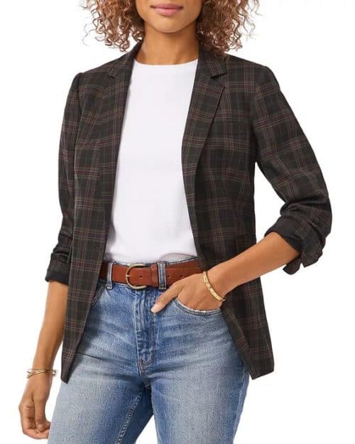 Vince Camuto notch collar plaid blazer worn with white tee and jeans.