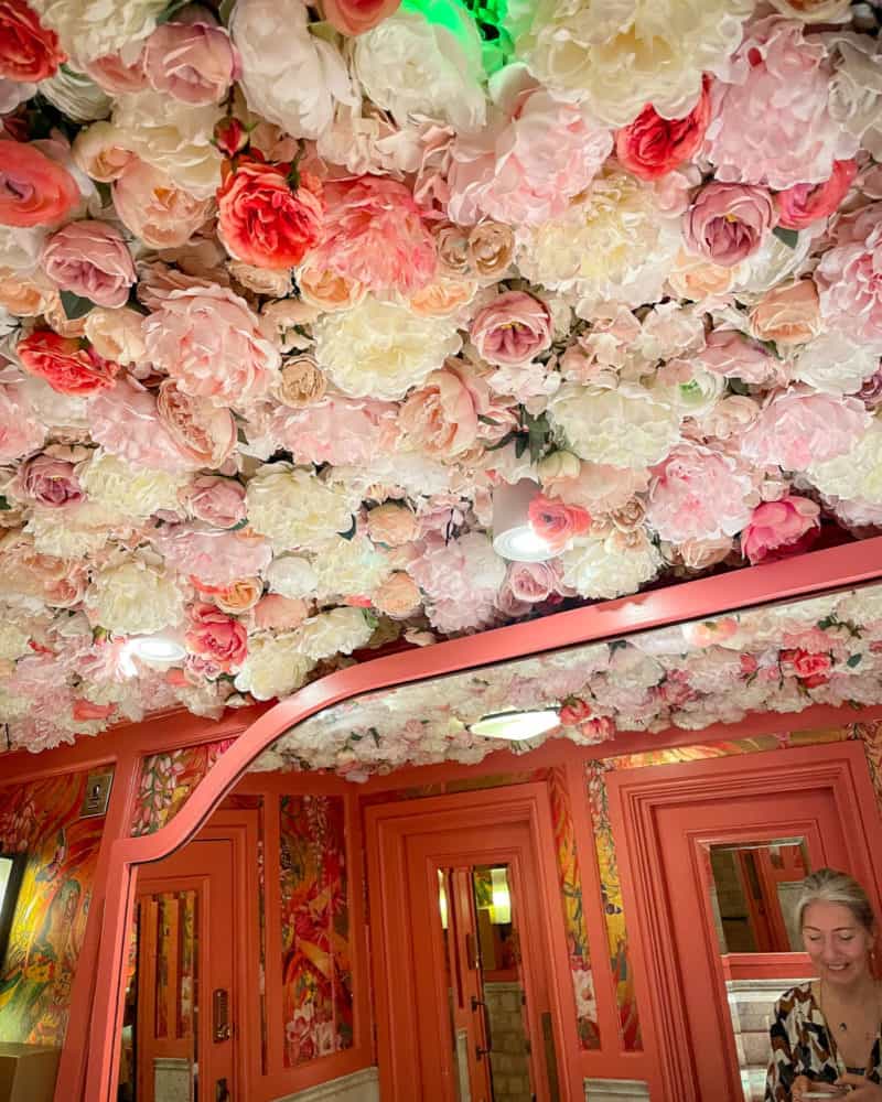 The very pink and floral ladies' loo at Ivy Chelsea Gardens.