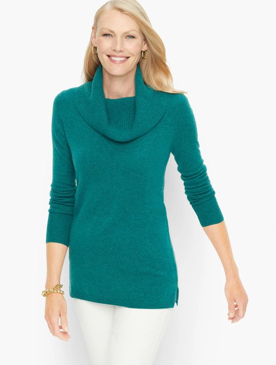 Talbot's cowlneck cashmere tunic jade green.