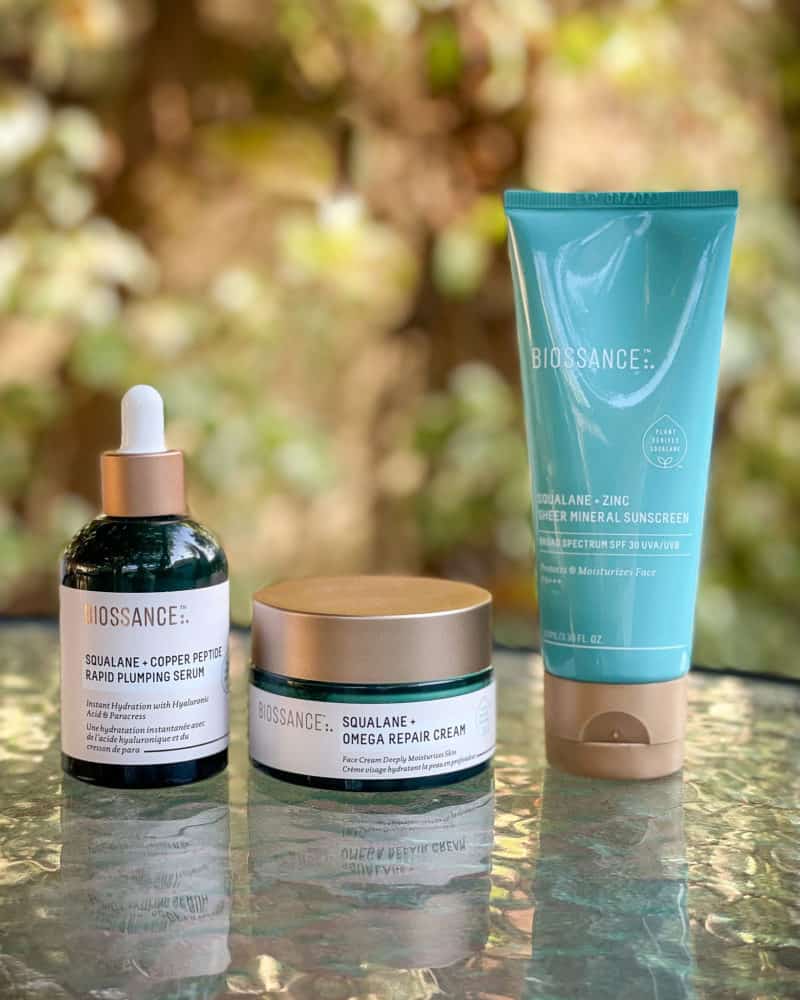 Hydrating skincare from Biossance: Squalane + Copper Peptide Rapid Plumping Serum, Squalane + Omega Repair Cream, Squalane + Zinc Sheer Mineral Sunscreen.