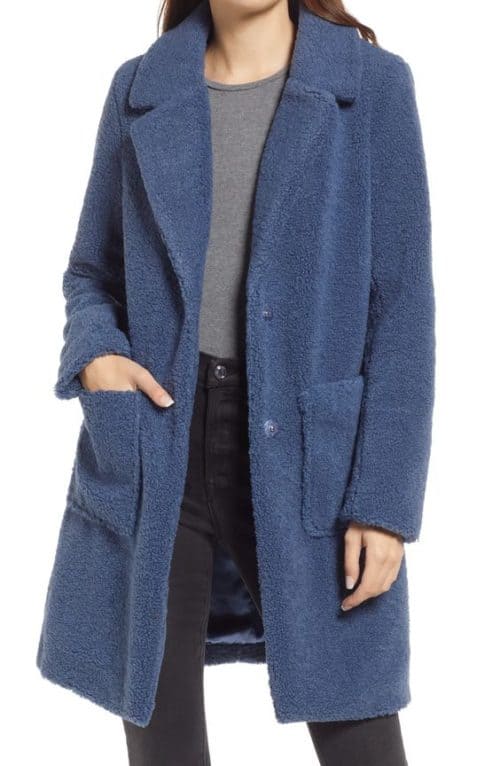 French Connection two-button teddy coat in blue.