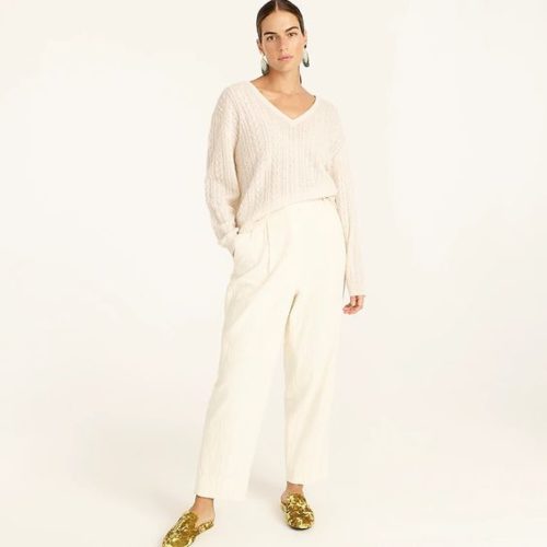 J.Crew cable knit relaxed v-neck sweater in ivory.