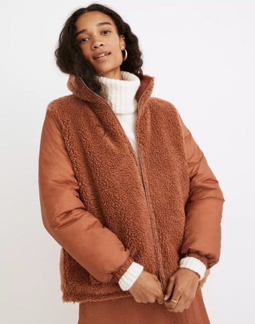 Madewell reversible sherpa puffer jacket warm brown