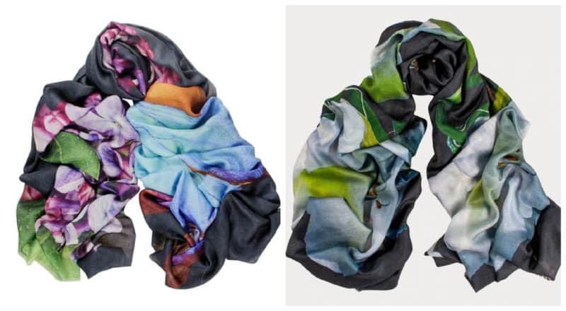 Cashmere-silk blend scarves in floral prints from Black UK.