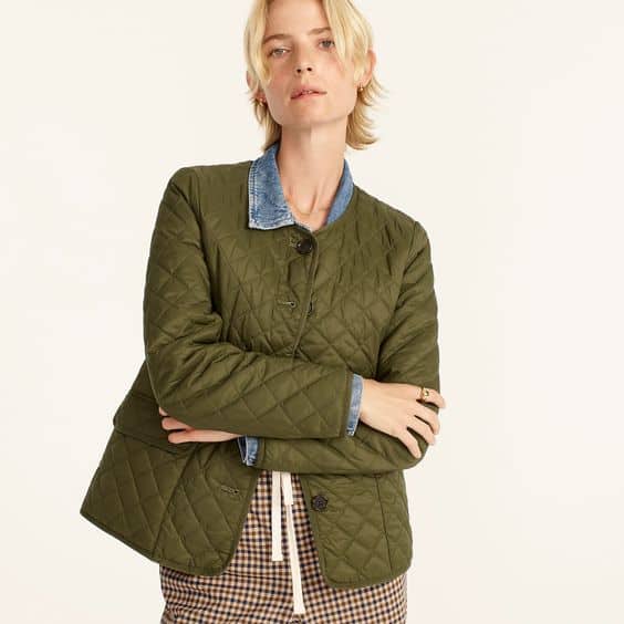 J.Crew quilted puffer jacket in olive on sale.