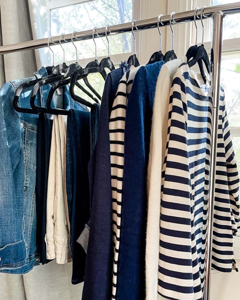 An ivory and navy capsule wardrobe for January with striped tops.