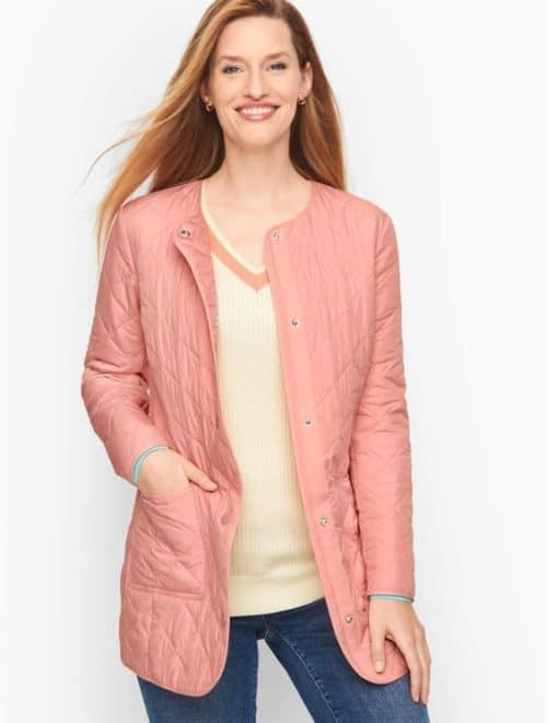 Talbot's long quilted jacket in peach.