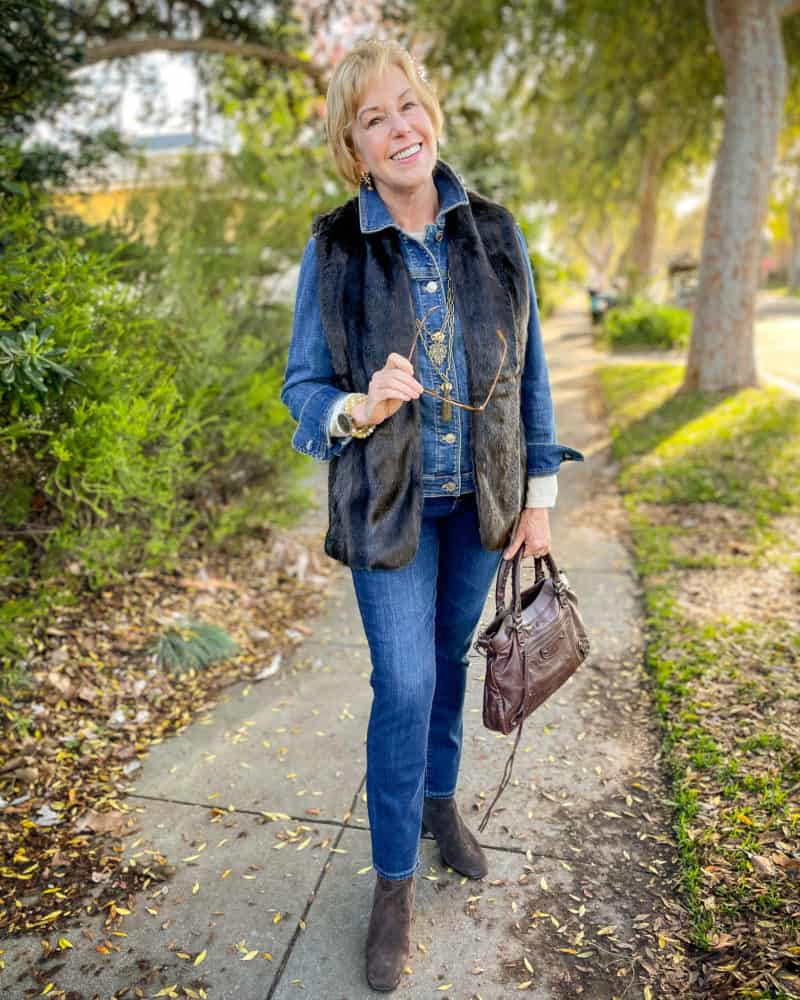 Leather vest store over denim jacket