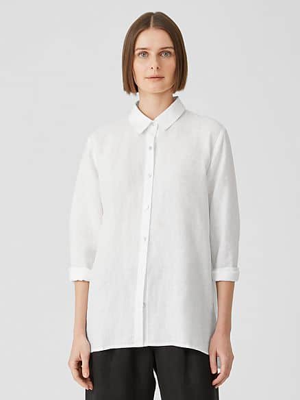 Women's linen tops: Eileen Fisher white handkerchief linen shirt.