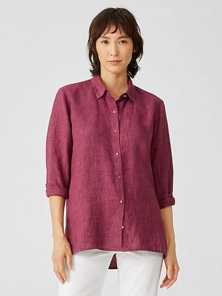 Eileen Fisher long linen classic collar shirt.