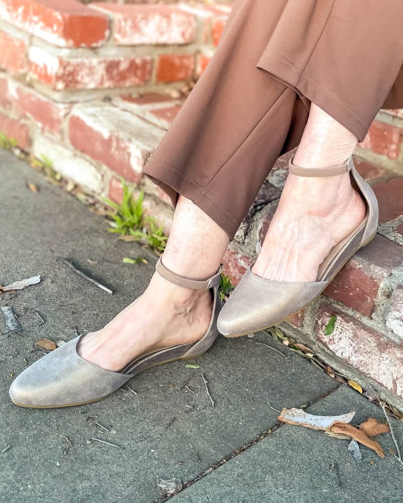 Eileen Fisher metallic d'Orsay ankle strap flats.