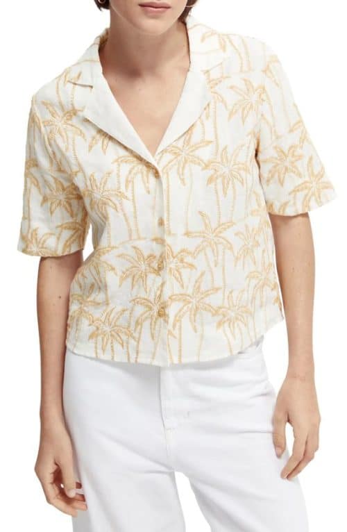 Scotch & Soda embroidered palm linen camp shirt.