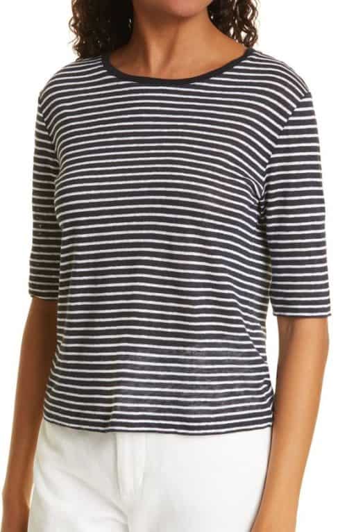 Vince striped elbow-sleeve linen knit tee.