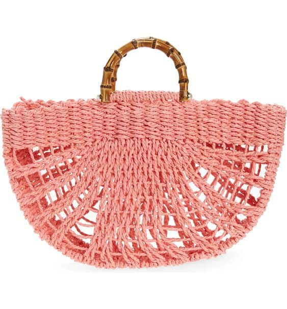 btb pink straw bag with bamboo look handles.