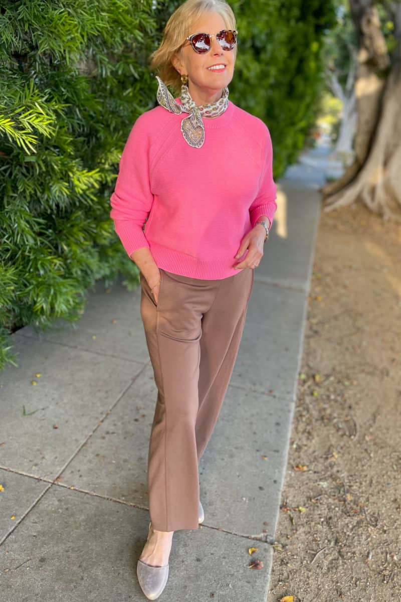 Susan B. wears a Madewell bandana, pink French Connection sweater, Eileen Fisher lantern pants, Eileen Fisher metallic d'orsay flats.